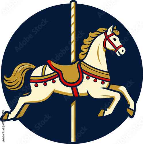 Circular Carousel Horse Prancing on Pole Vector Icon