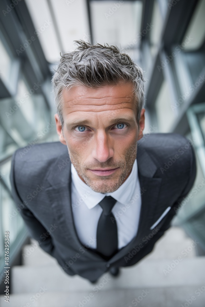 Fototapeta premium Focused European business man executive standing on modern glass staircase looking up from above. Ambitious professional male leader in early 40s showing determination leadership and strategic vision