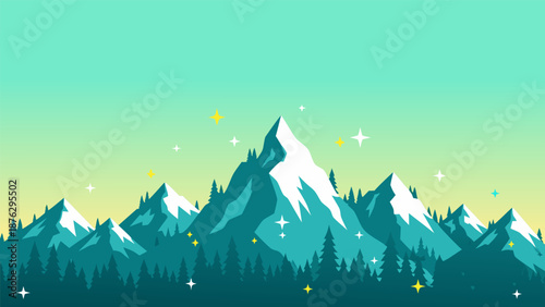 A Majestic Mountain Landscape Illustration Featuring Snow-Capped Peaks and a Starry Sky