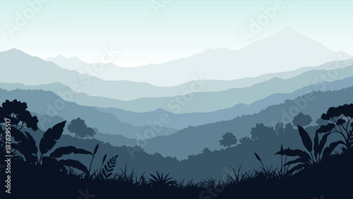 Majestic layered mountain range vista with lush green foliage and serene blue skies, a breathtaking natural landscape illustration