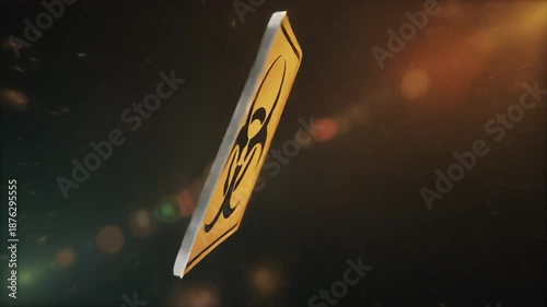 Yellow warning sign with biohazard symbol floating in dark space.