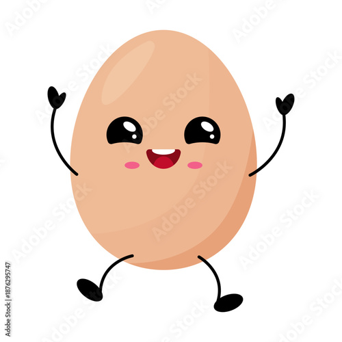 Happy kawaii egg character with smiling face and joyful emotion. Minimal cartoon food illustration isolated on white background.