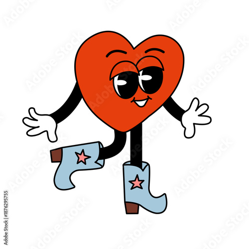 Groovy heart character dancing in retro style. Cute love illustration with fun emotion isolated on white background.