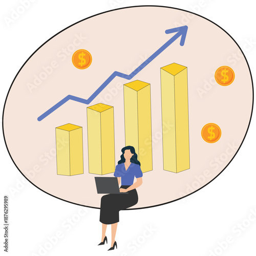 Businesswoman analyzing financial growth on laptop with increasing graph