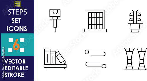 Minimal steps set icons showing furniture, plant, bookshelf, electrical plug, window, curtains, controls, editable stroke vector outline design for interior navigation and UI.