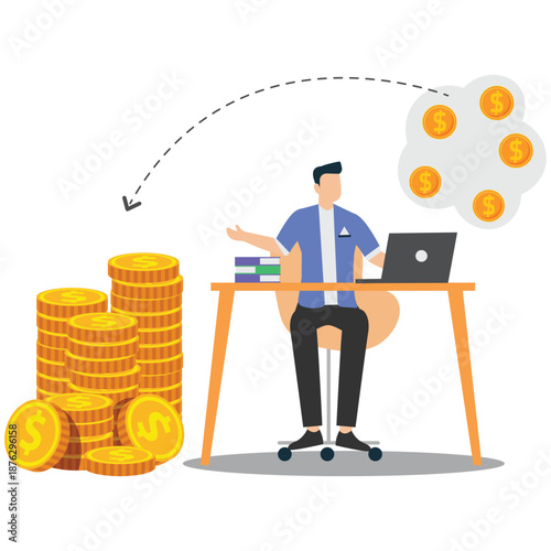 Businessman generating wealth with laptop and stacks of coins