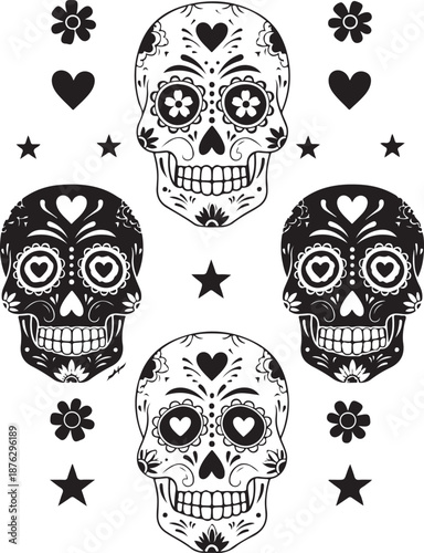 Black and white sugar skulls with hearts flowers and stars