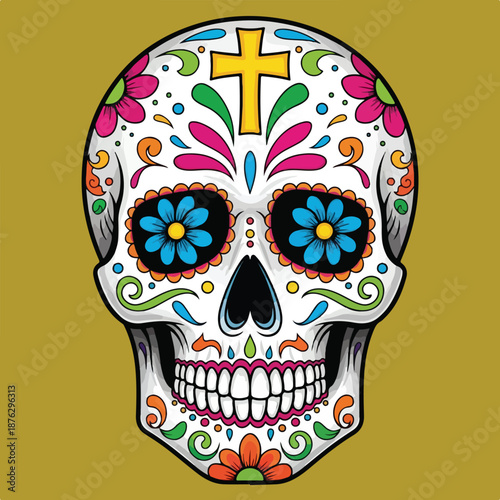Colorful sugar skull with cross and flowers day of the dead