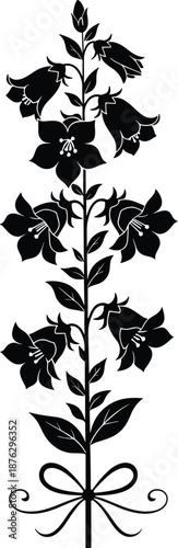 Black silhouette vector illustration of tall bellflowers with leaves and a bow, isolated on white background, perfect for floral design, logo, and nature art.