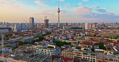 Aerial view of Berlin. Cityscape with roofs architectural landmarks tv tower and other attractions, Germany