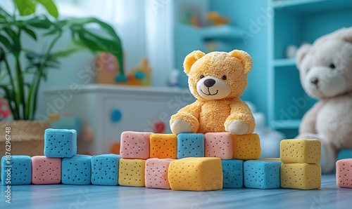 Yellow teddy bear sitting on colorful soft building blocks in a child's room