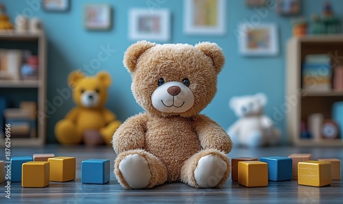 Adorable brown teddy bear sits with colorful wooden blocks in a playroom