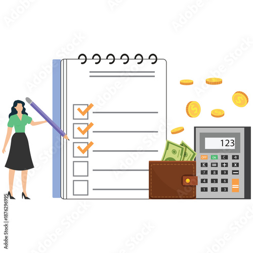 Woman managing finances with checklist, calculator, and money