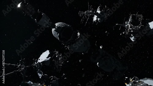 Accumulation of debris and defunct satellites in space, showcasing solar panels and fragments from old spacecraft, space junk concept animation.