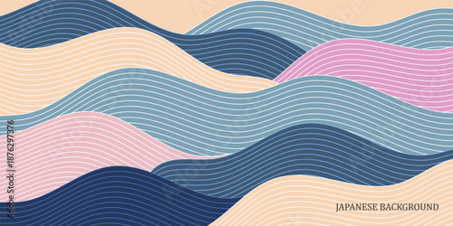 Japanese background with line wave colorful pattern. set of Abstract template poster, cards, banner with geometric pattern. minimal Mountain layout design in oriental style. 