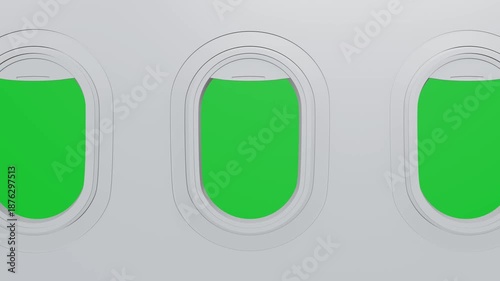 Slow Zoom Out from Airplane Window Green Screen to Full Aircraft Fuselage with Multiple Oval Windows, Travel Background Animation