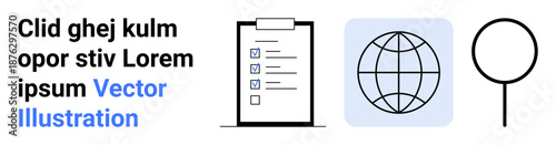 Task management, global connectivity, organization tools, digital search, data analysis, workflow optimization. Features a checklist, a globe and a magnifying glass. Task management and global