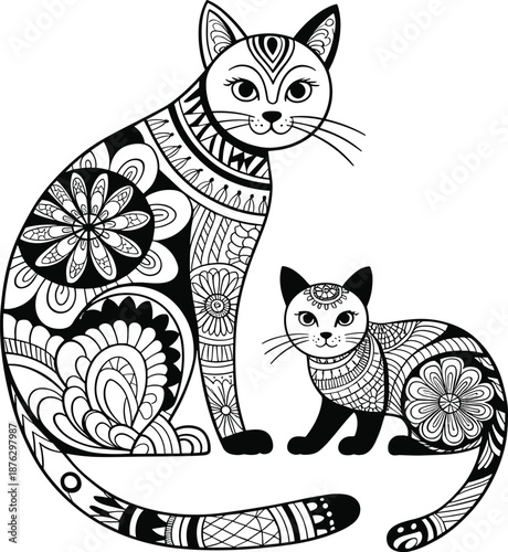 Two cats with intricate mandala patterns on their bodies