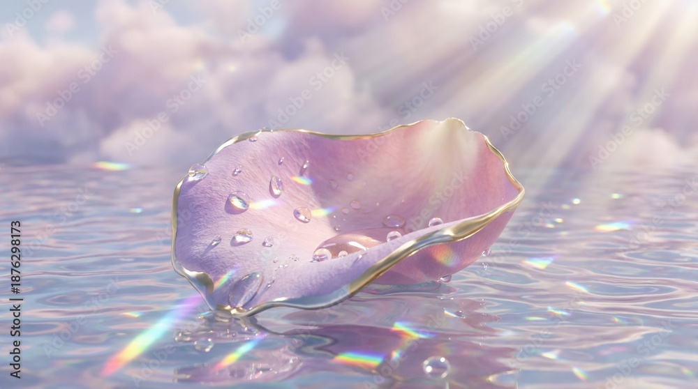 Naklejka premium Iridescent shell with water droplets floating on calm ocean surface 