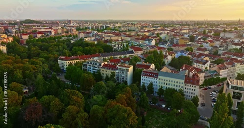 Aerial view of Berlin. Cityscape with roofs architectural landmarks tv tower and other attractions, Germany