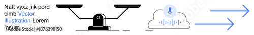 Digital transformation, cloud computing, technology evolution, data transfer, voice recognition, balancing innovation. Image shows a balance scale, cloud with audio icon and arrows. Digital