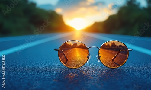 Round sunglasses on an open road reflecting a vibrant golden sunset at dusk