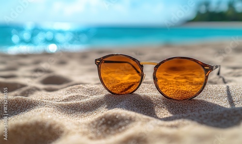 Stylish sunglasses resting on golden sand, vibrant tropical ocean view
