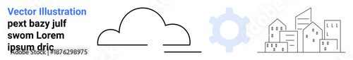Technology integration, innovation, urban development, cloud solutions, city planning, automation. Minimalistic cloud, gear and cityscape outlines. Technology integration and innovation