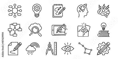 Collection of simple line icons representing creativity and productivity concepts