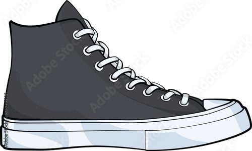 Side view of a classic black high top sneaker. Vector illustration of a canvas sport shoe with white rubber sole isolated on white background. Casual footwear design for fashion icons and youth style.