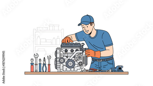 Flat vector illustration of a mechanic or car enthusiast working on a generic engine in a home garage, automotive hobby lifestyle with tools, mechanical details, and solid color design
