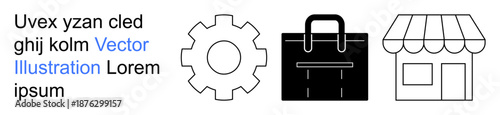 Industry, business management, entrepreneurship, online marketplace, retail services, manufacturing processes. Gear, briefcase and storefront icons in black-and-white outline. Industry and business