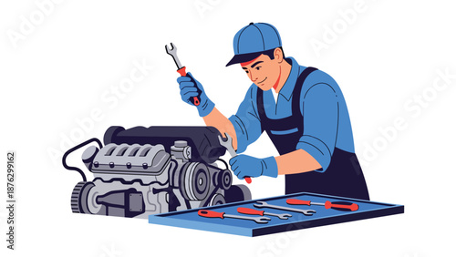 Flat vector illustration of a mechanic or car enthusiast working on a generic engine in a home garage, automotive hobby lifestyle with tools, mechanical details, and solid color design