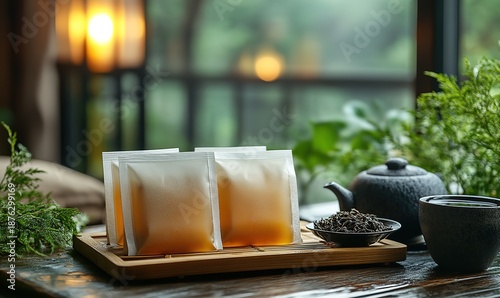 Fresh tea bags on wooden tray, traditional teapot, cup, and loose tea leaves
