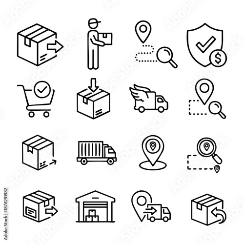 Logistics icons representing various stages of delivery and shipping processes in a simple line art style