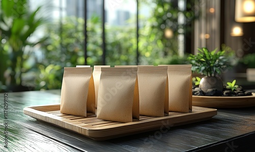 Kraft paper stand-up pouches on wooden tray, natural setting, eco-friendly packaging