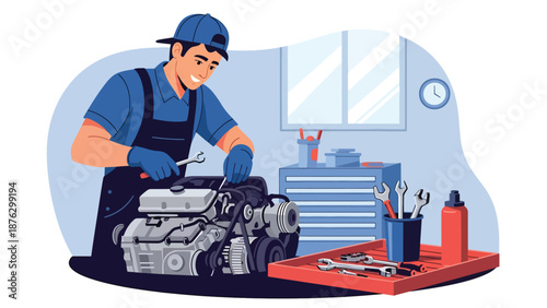 Flat vector illustration of a mechanic or car enthusiast working on a generic engine in a home garage, automotive hobby lifestyle with tools, mechanical details, and solid color design