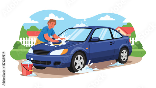 Vector illustration of a person washing and detailing a generic car in a driveway, automotive care hobby concept with clean flat style and solid color design