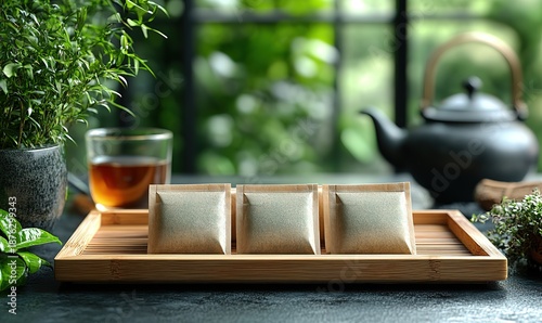 Tranquil tea ceremony: three tea bags, hot brew, teapot, and plants