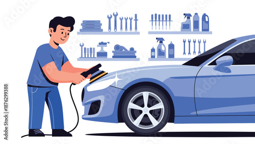 Flat vector illustration of a mechanic or car enthusiast polishing vehicle exterior in a garage, automotive detailing hobby with tools, focus, and solid color flat design