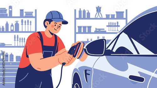 Flat vector illustration of a mechanic or car enthusiast polishing vehicle exterior in a garage, automotive detailing hobby with tools, focus, and solid color flat design