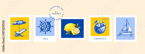 Vintage summer Italian Mediterranean coastal postage stamp set. Hand drawn vector illustration. Amalfi sketch and watercolor beach vacation design.