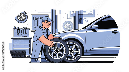 Vector illustration of a mechanic person changing wheels and tires on a generic car, automotive modification hobby scene in a clean flat vector style