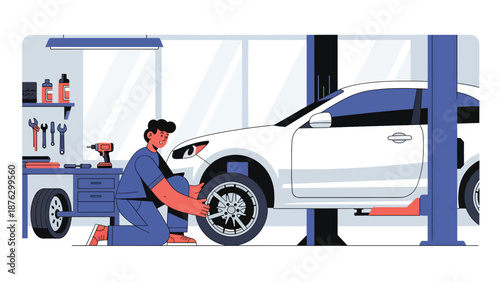 Vector illustration of a mechanic person changing wheels and tires on a generic car, automotive modification hobby scene in a clean flat vector style