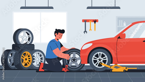 Vector illustration of a mechanic person changing wheels and tires on a generic car, automotive modification hobby scene in a clean flat vector style