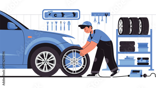 Vector illustration of a mechanic person changing wheels and tires on a generic car, automotive modification hobby scene in a clean flat vector style