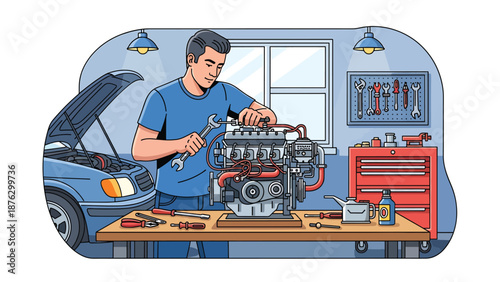Vector illustration of a mechanic or car enthusiast tuning a generic engine on a workbench, automotive hobby and mechanical passion in flat vector style