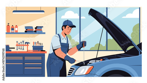 Flat vector illustration of a mechanic person checking vehicle fluids with open hood, casual automotive maintenance hobby in a home garage scene