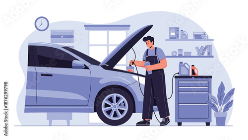 Flat vector illustration of a mechanic person checking vehicle fluids with open hood, casual automotive maintenance hobby in a home garage scene