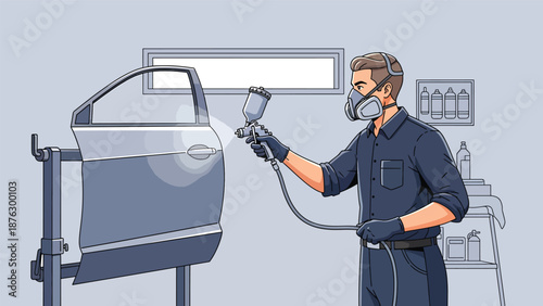 Flat vector illustration of a mechanic person painting a car panel in a workshop, automotive customization hobby with protective gear and solid color style